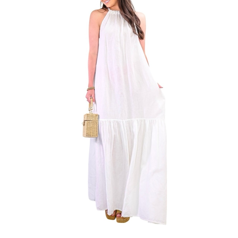 Elan High Neck Tiered Halter Maxi Dress White Linen Blend Relaxed Flowy Fit NWT - Picture 7 of 15